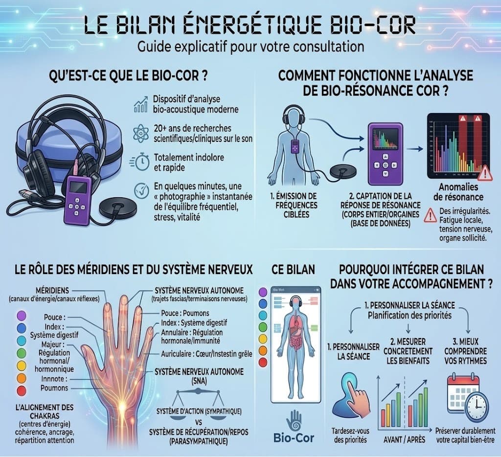 Guide explicatif du rééquilibrage énergétique Bio-Cor — Bio-résonance, ondes scalaires EHF, système nerveux et chakras