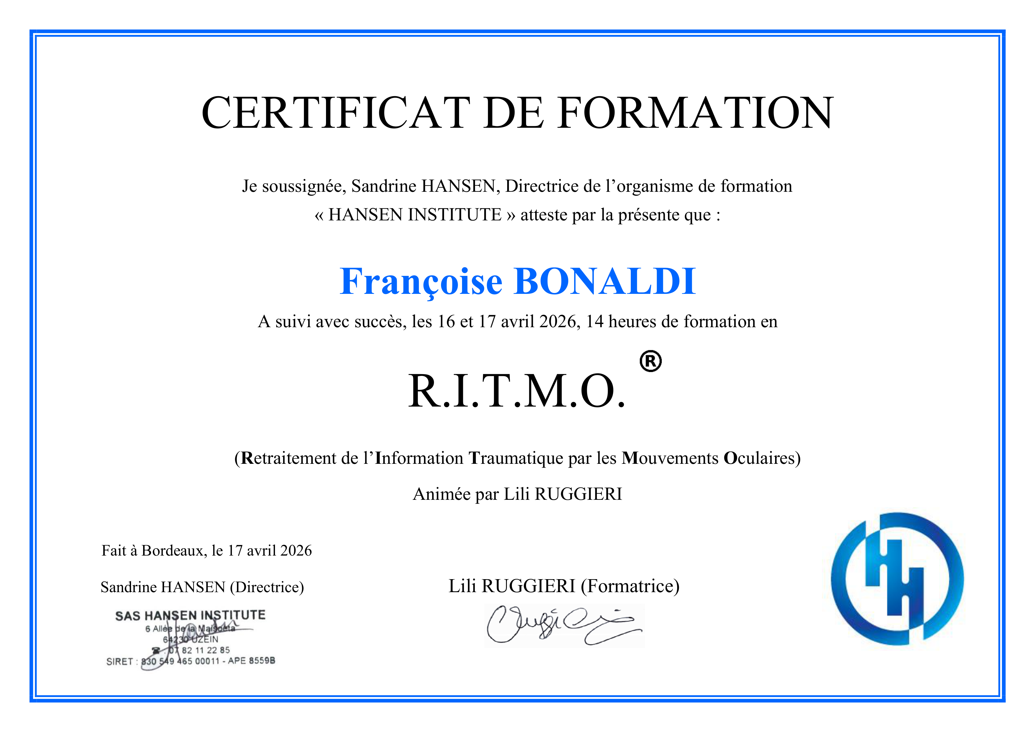 Certificat RITMO Hansen Institute