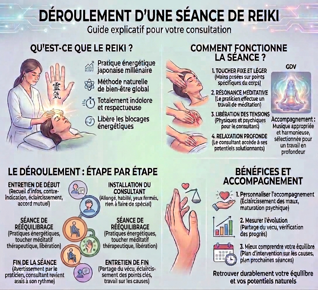 Infographie Soin énergétique Reiki Usui et harmonisation des centres d'énergie