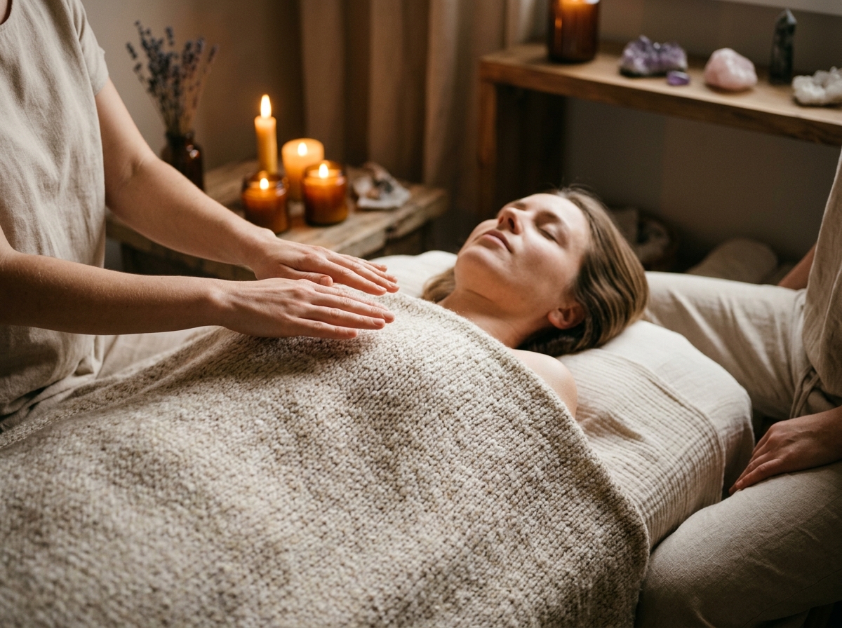 Harmonisation énergétique Reiki au niveau du plexus et du cœur au cabinet