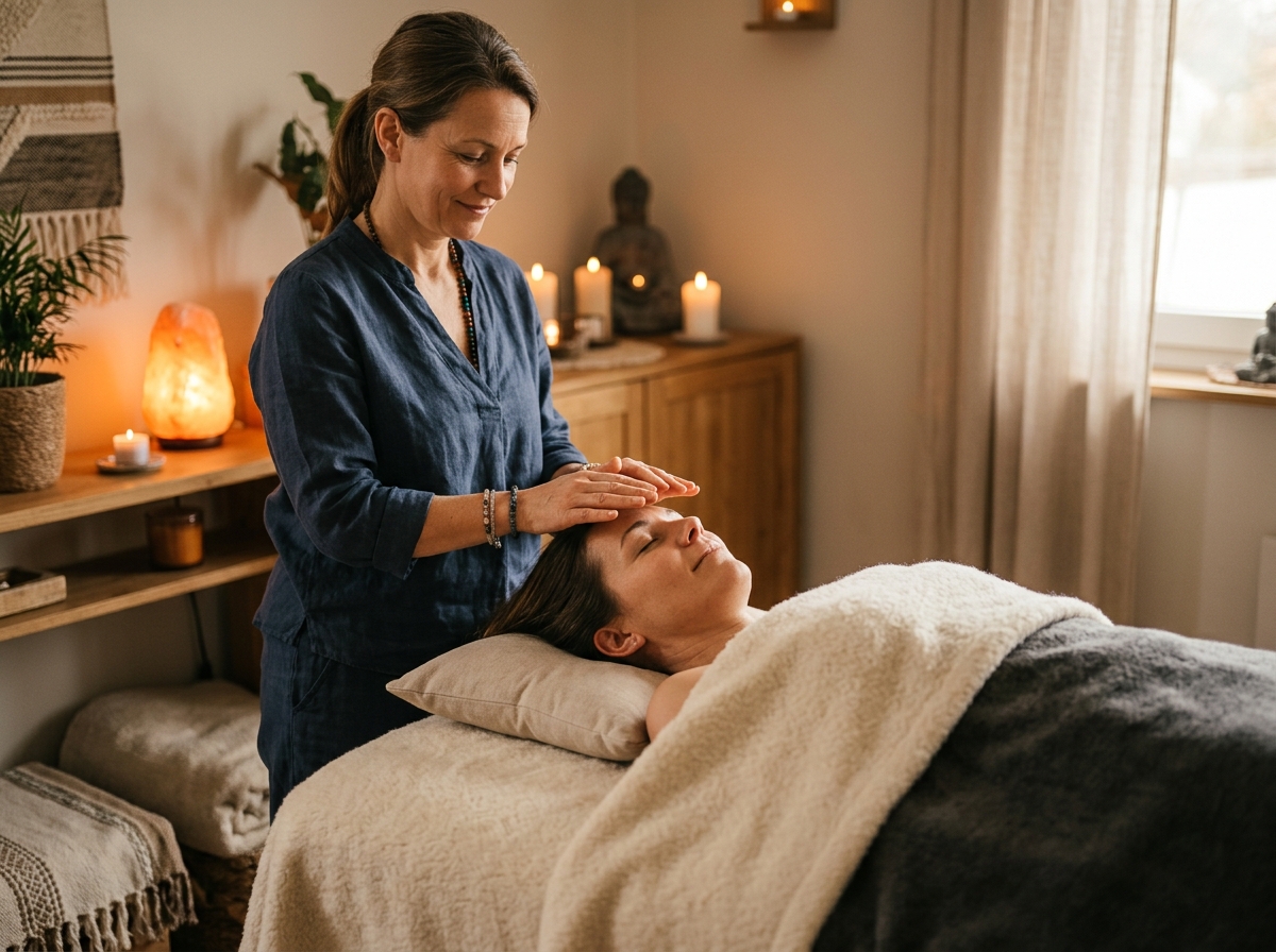 Séance de Reiki Usui au Cabinet L'Ancrage : apposition douce des mains et harmonisation énergétique