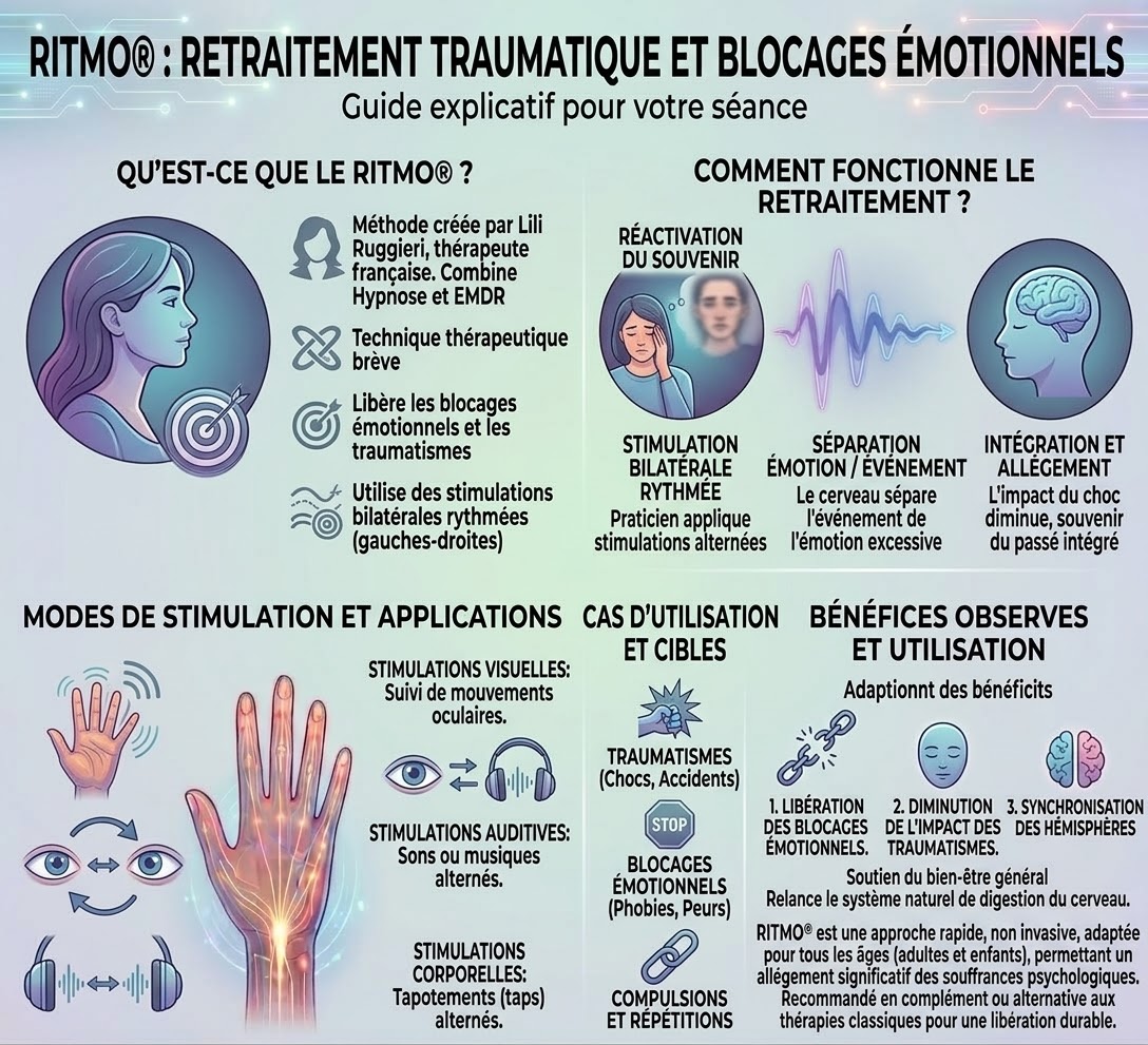 Infographie explicative de la méthode R.I.T.M.O.® dérivée de l'EMDR