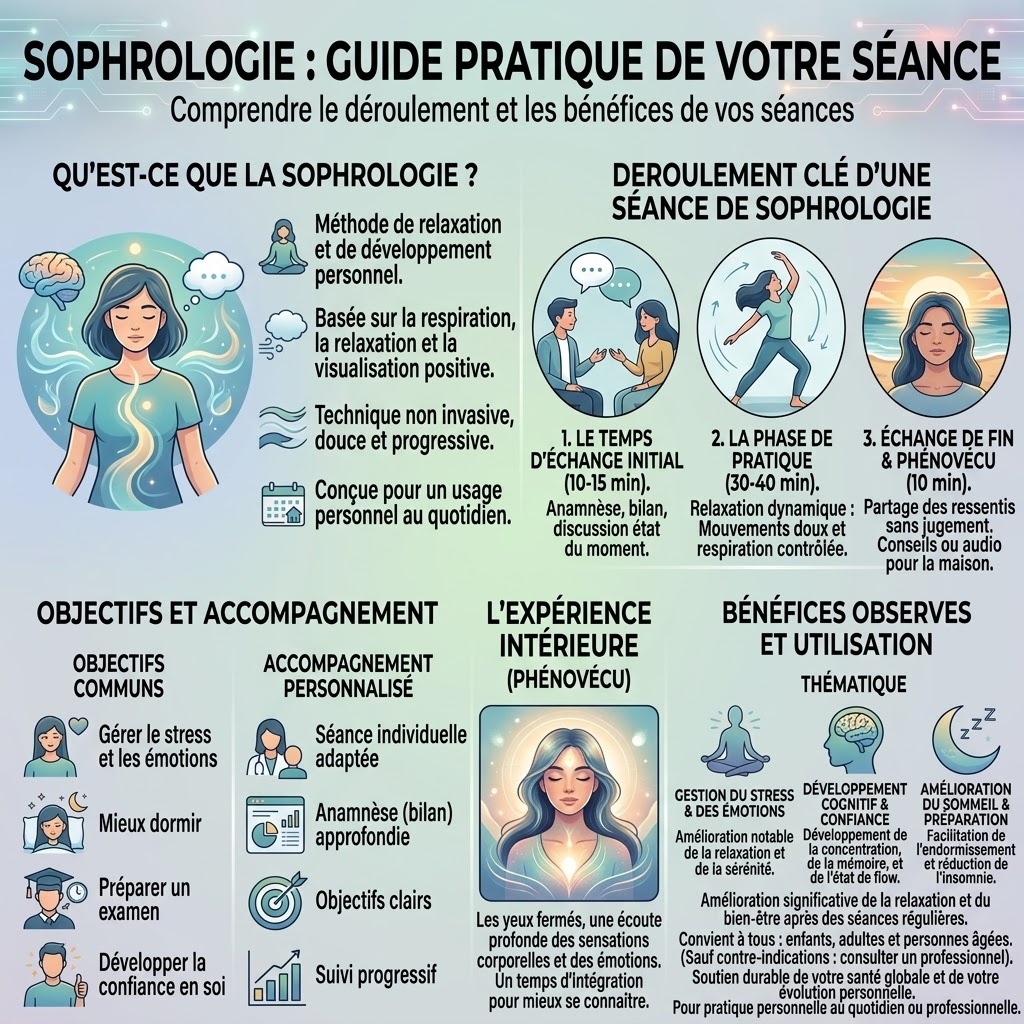 Infographie complète du protocole de Sophrologie humaniste au Cabinet L'Ancrage